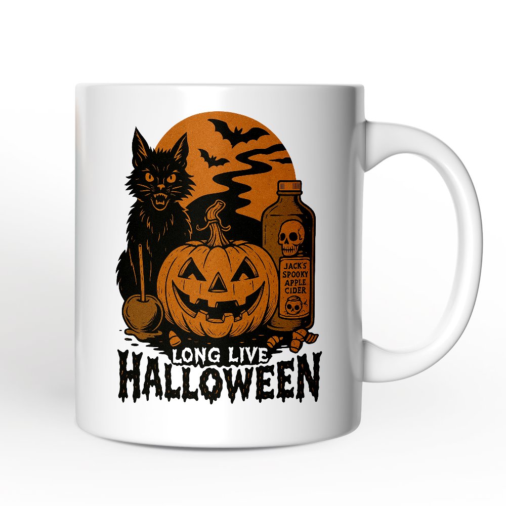 Long Live Halloween Personalized Mug, Retro Black Cat Pumpkin Gift with Custom Name