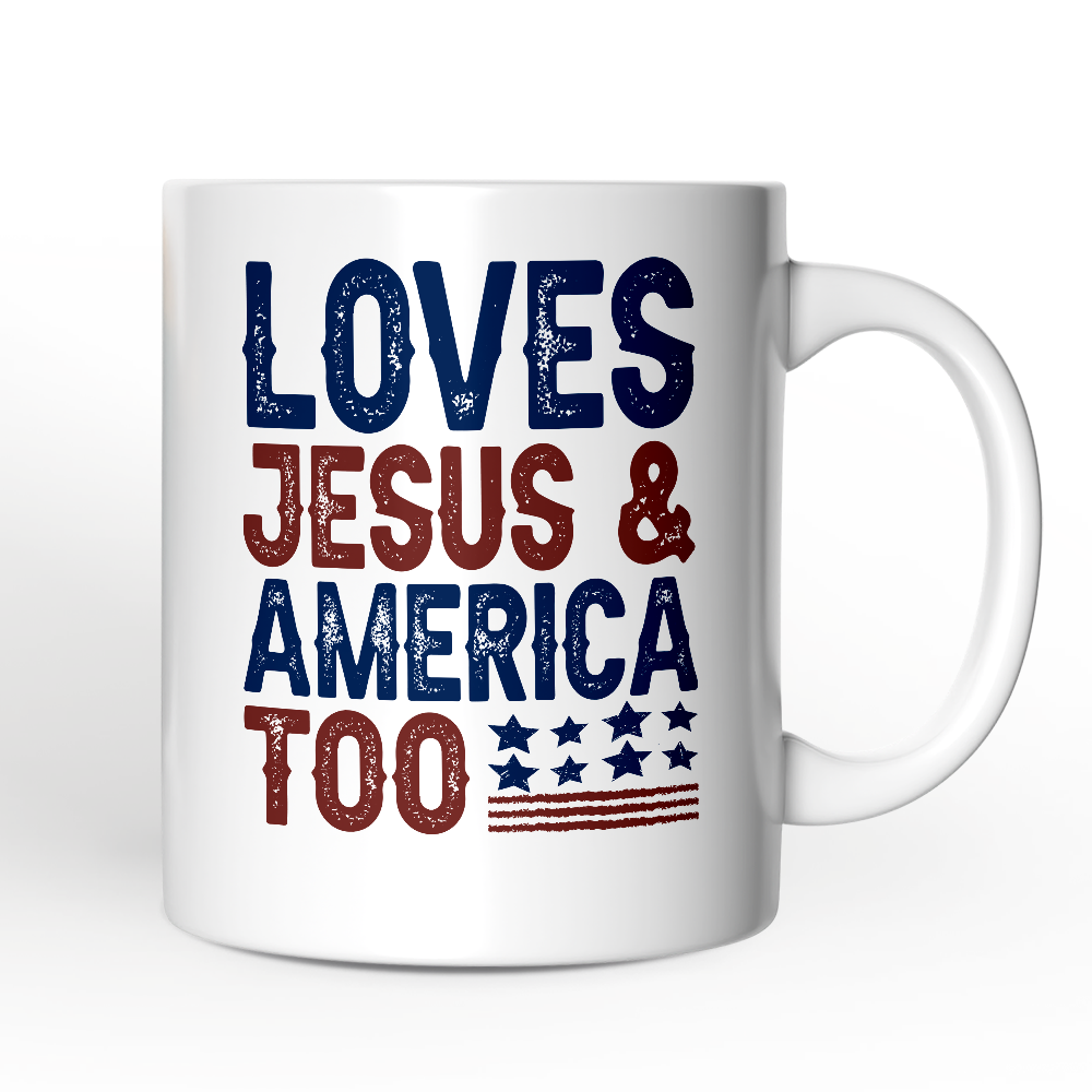 Loves Jesus and America Too Personalized Mug, Patriotic Gift for Proud Americans with Custom Name