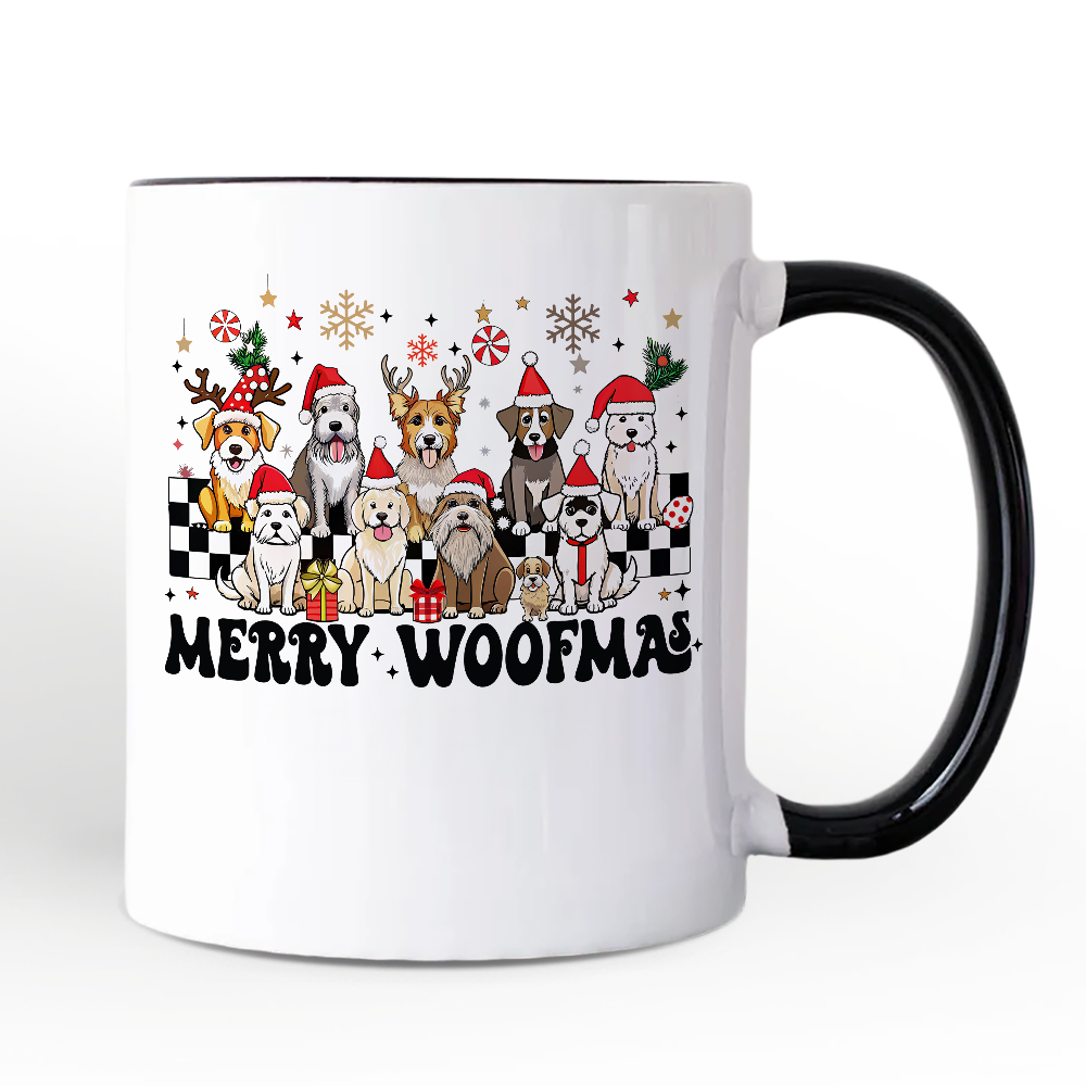 Merry Woofmas Dog Mama Personalized Mug, Dogs With Santa Hats Christmas Gift with Custom Name