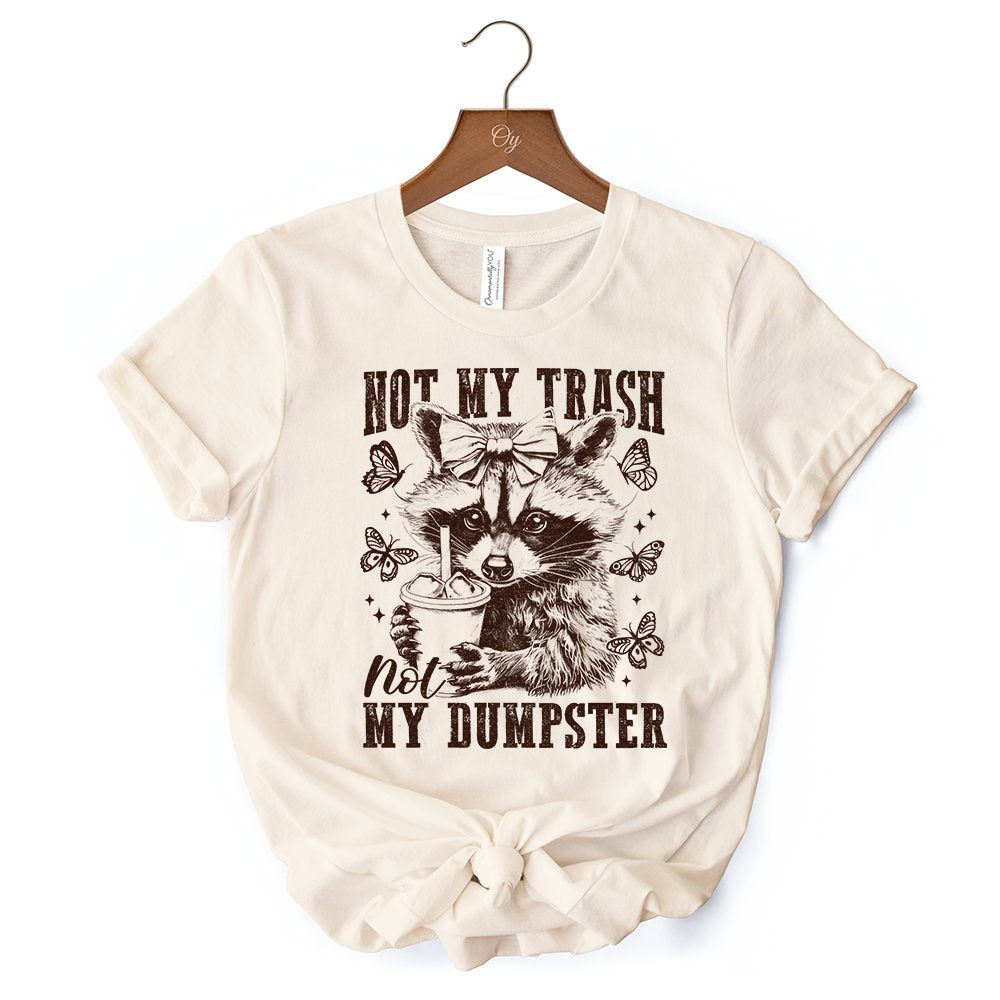 Not My Trash Not My Dumpster Cute Raccoon T-Shirt, White and Natural Vintage Coquette Bow Women Tee