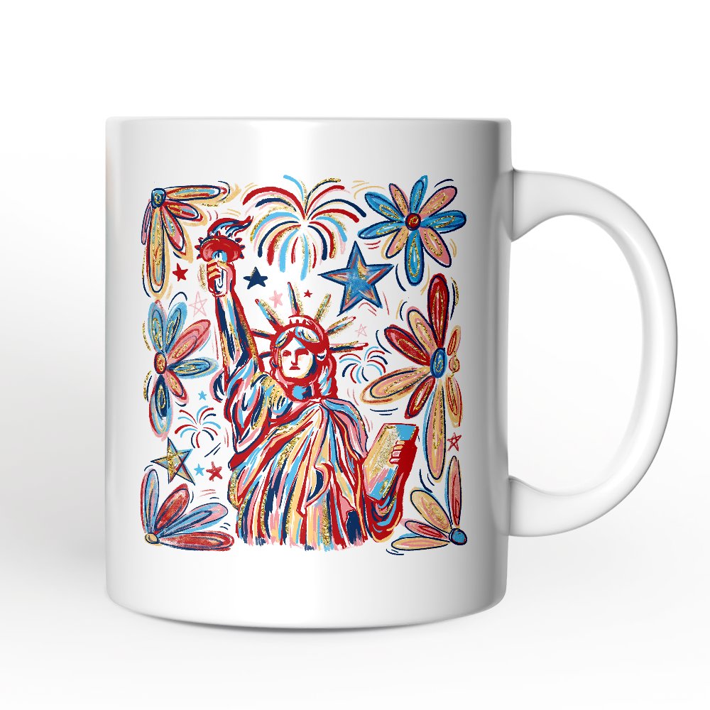 Patriotic Statue of Liberty and Fireworks Personalized Mug, Festive 4th of July Gift with Custom Name