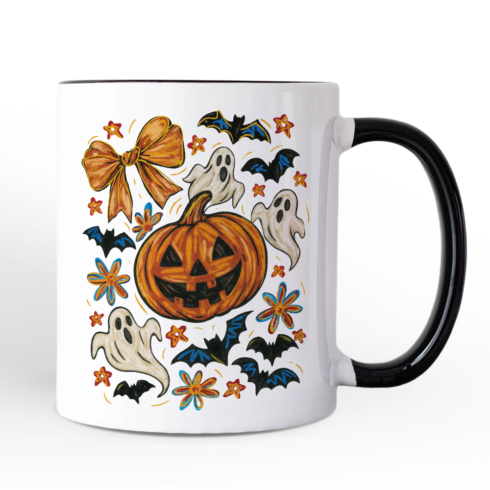 Pumpkin Ghosts Coquette Bow Personalized Mug, Retro Fall Spooky Gift with Custom Name