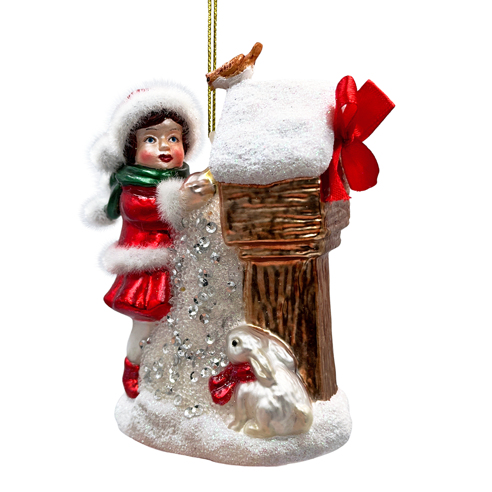 Quaint Little Winter Girl Feeding the Birds Glass Christmas Ornament, Cardinal Birdhouse Tree Decor