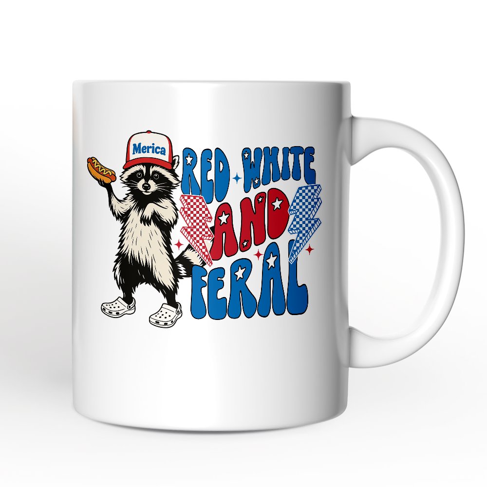 Red, White & Feral Raccoon Personalized Mug, Wild Patriot American Gift with Custom Name