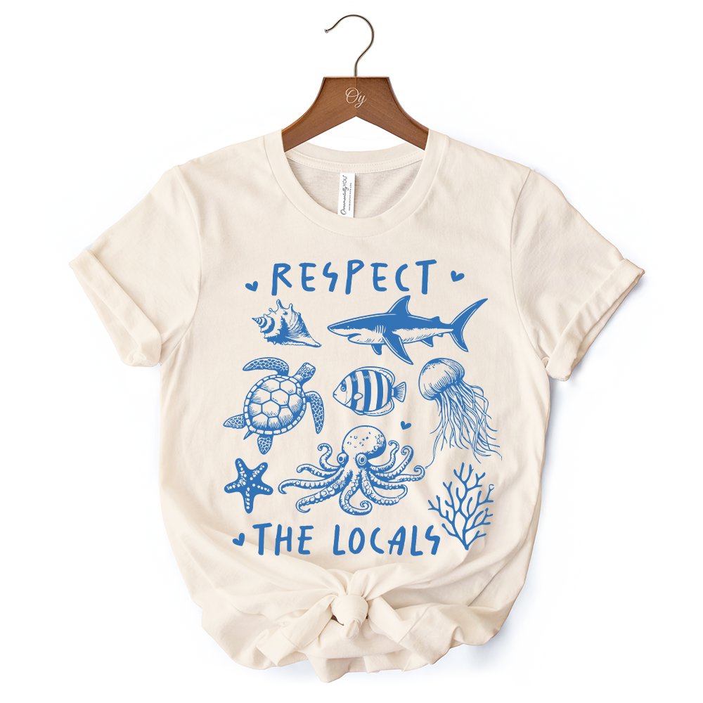 Respect the Locals Ocean Animals T-Shirt, Cute White and Natural Vacation Tee