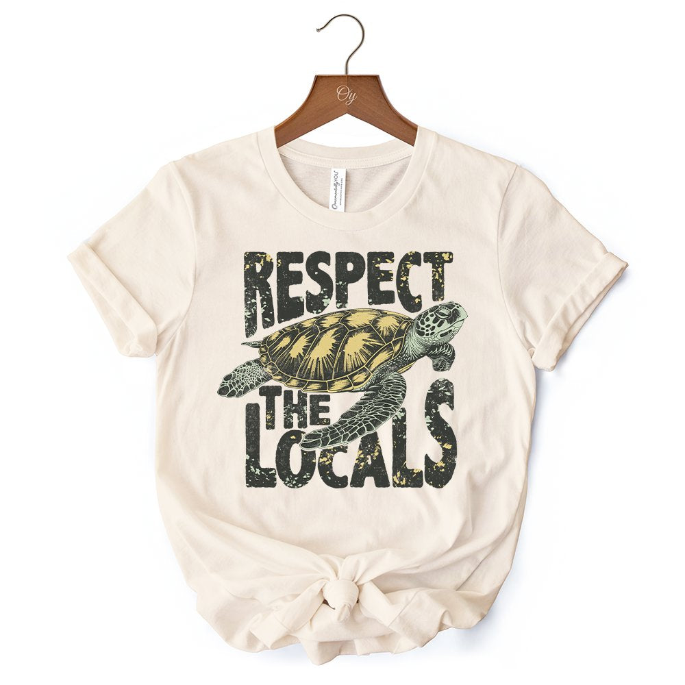 Respect the Locals Turtles T-Shirt, Retro Grunge White and Natural Tee for Ocean and Beach Lovers