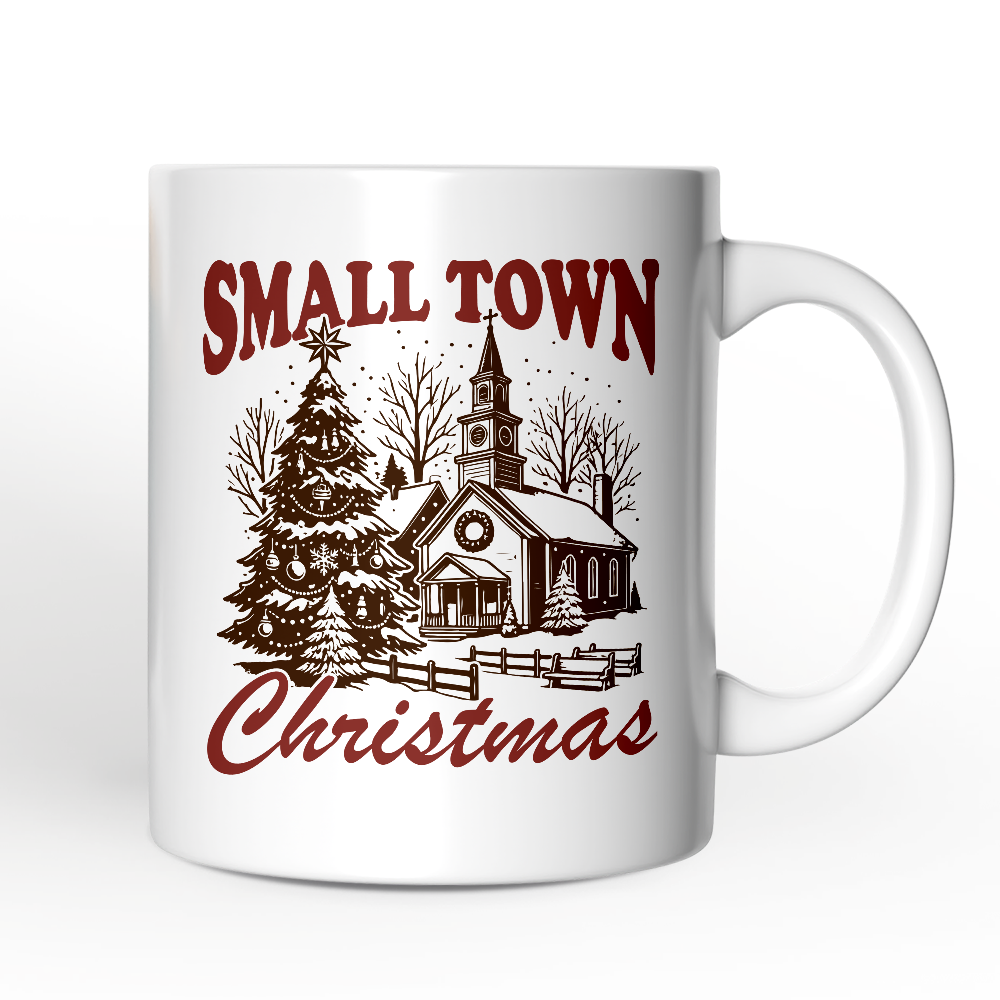 Small Town Christmas Vintage Personalized Mug, Rustic Winter Church Gift with Custom Name
