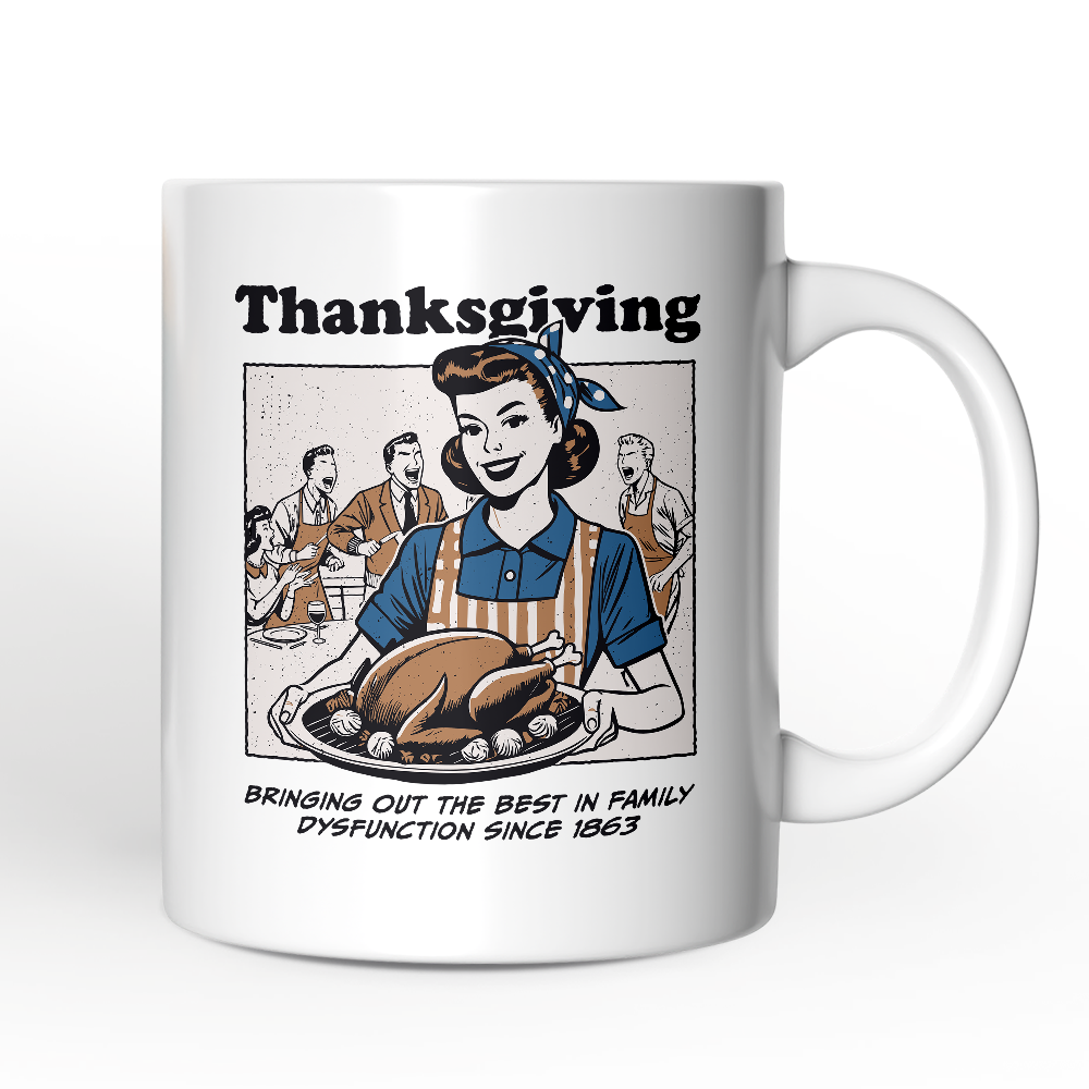 Thanksgiving Family Dysfunction Retro Personalized Mug, Funny Sarcastic Humor Gift with Custom Name