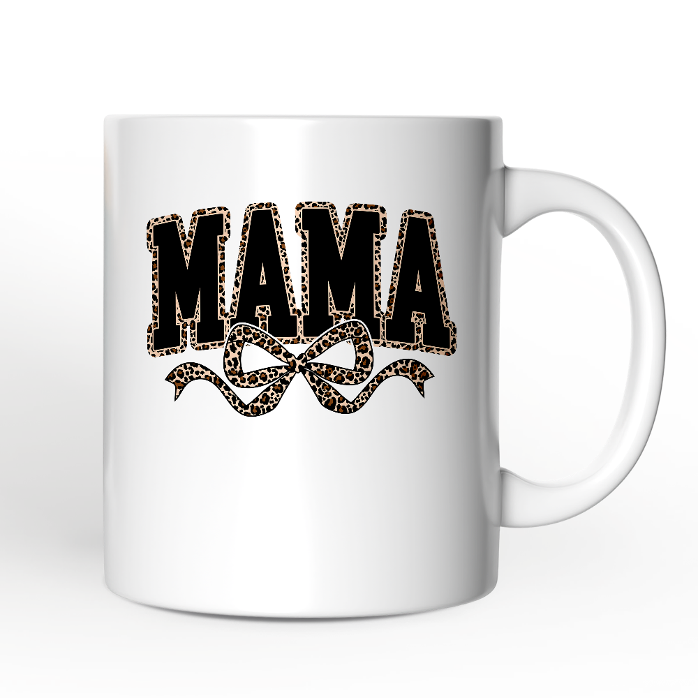 Coquette Leopard Mama Personalized Mug, Retro Bow Varsity Gift with Custom Name