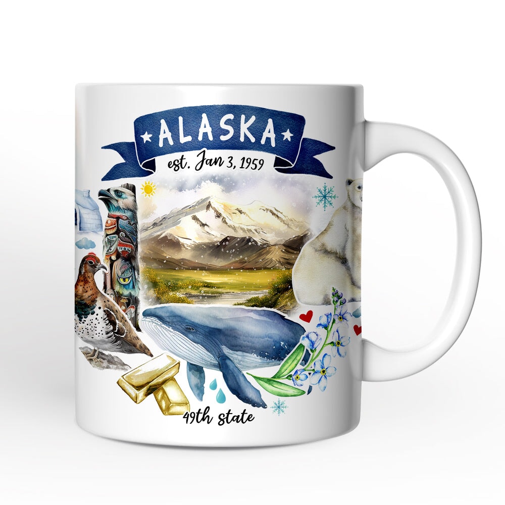 Artistic Alaska State Themes and Landmarks Personalized Mug With Custom Name