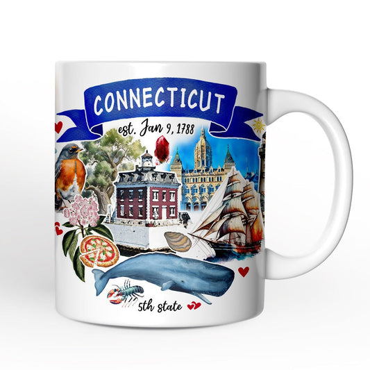 Artistic Connecticut State Themes and Landmarks Personalized Mug With Custom Name