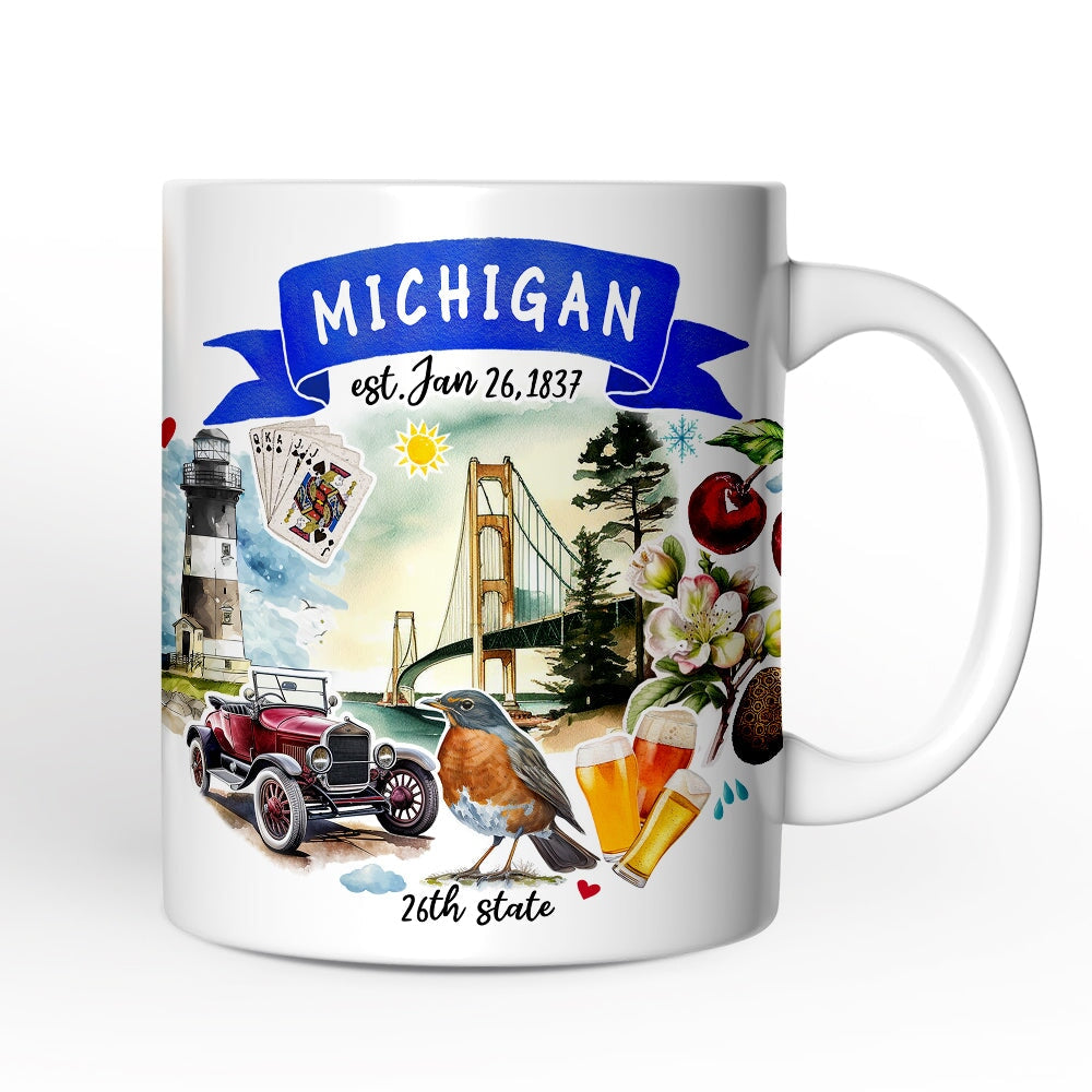 Artistic Michigan State Themes and Landmarks Personalized Mug With Custom Name