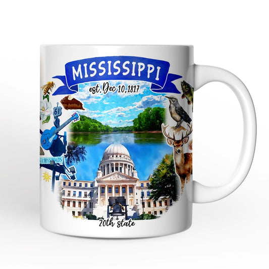 Artistic Mississippi State Themes and Landmarks Personalized Mug With Custom Name