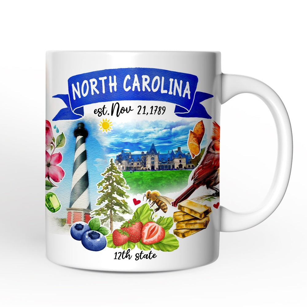 Artistic North Carolina State Themes and Landmarks Personalized Mug With Custom Name