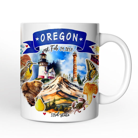 Artistic Oregon State Themes and Landmarks Personalized Mug With Custom Name