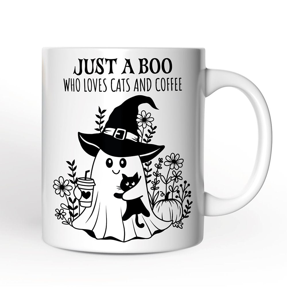 Cute Ghost with Black Cat Personalized Mug, Cat and Coffee Lover Halloween Gift
