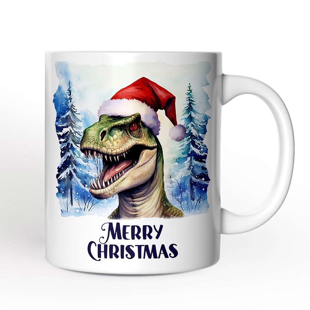 Dinosaur with Santa Hat Personalized Mug, Winter Forest Christmas Gift With Custom Name and Date