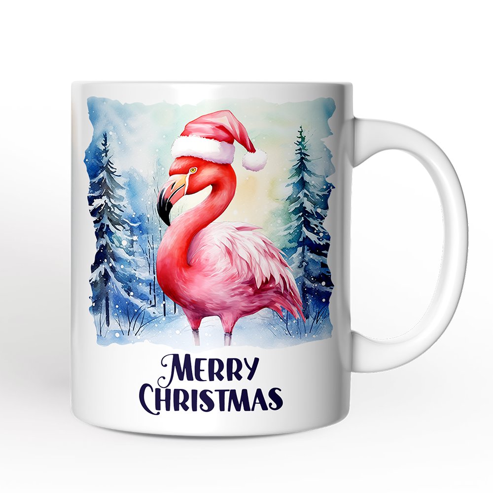 Flamingo with Santa Hat Personalized Mug, Winter Forest Christmas Gift With Custom Name and Date