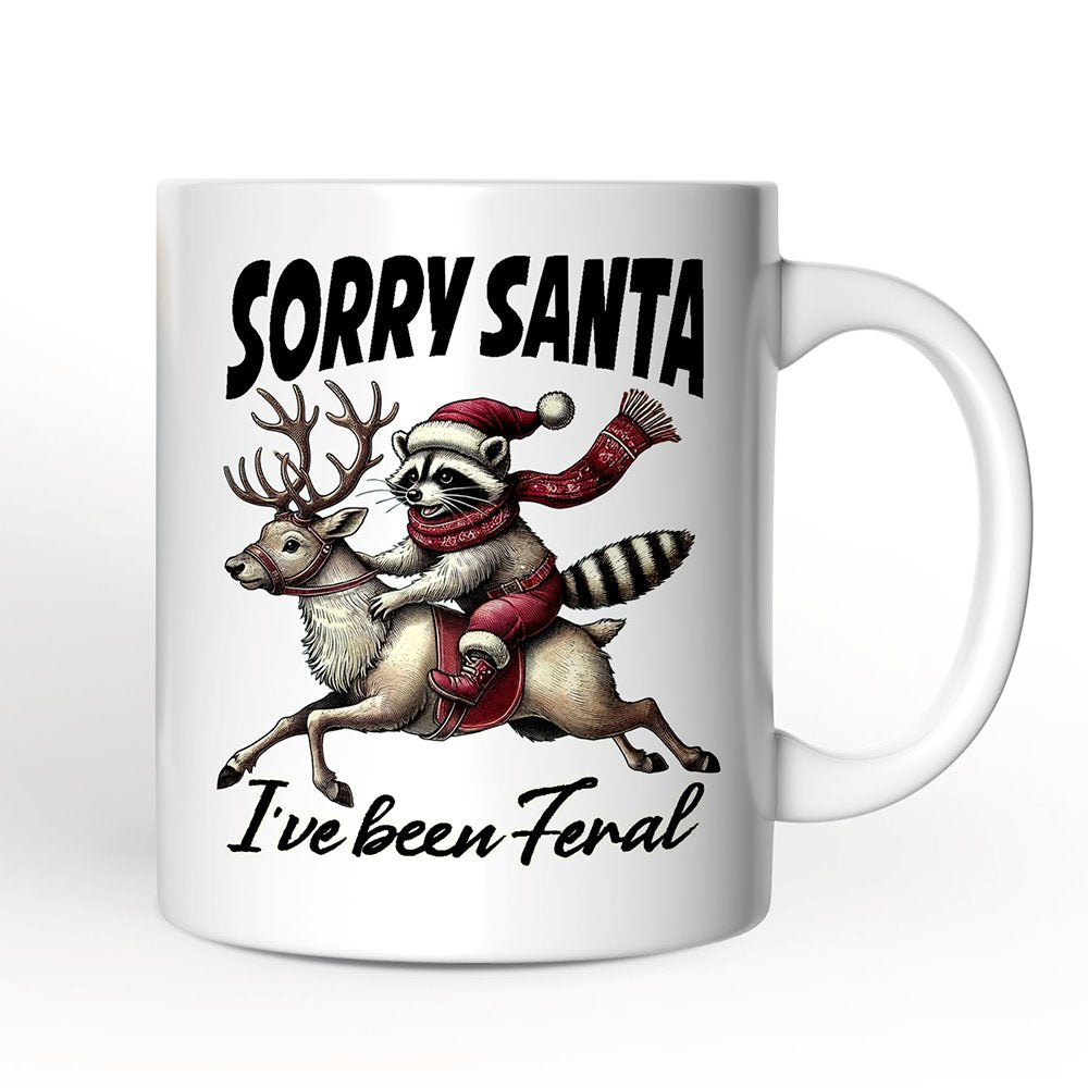 Funny Reindeer and Racoon Christmas Personalized Mug, Sorry Santa I've Been Feral Gift with Custom Name