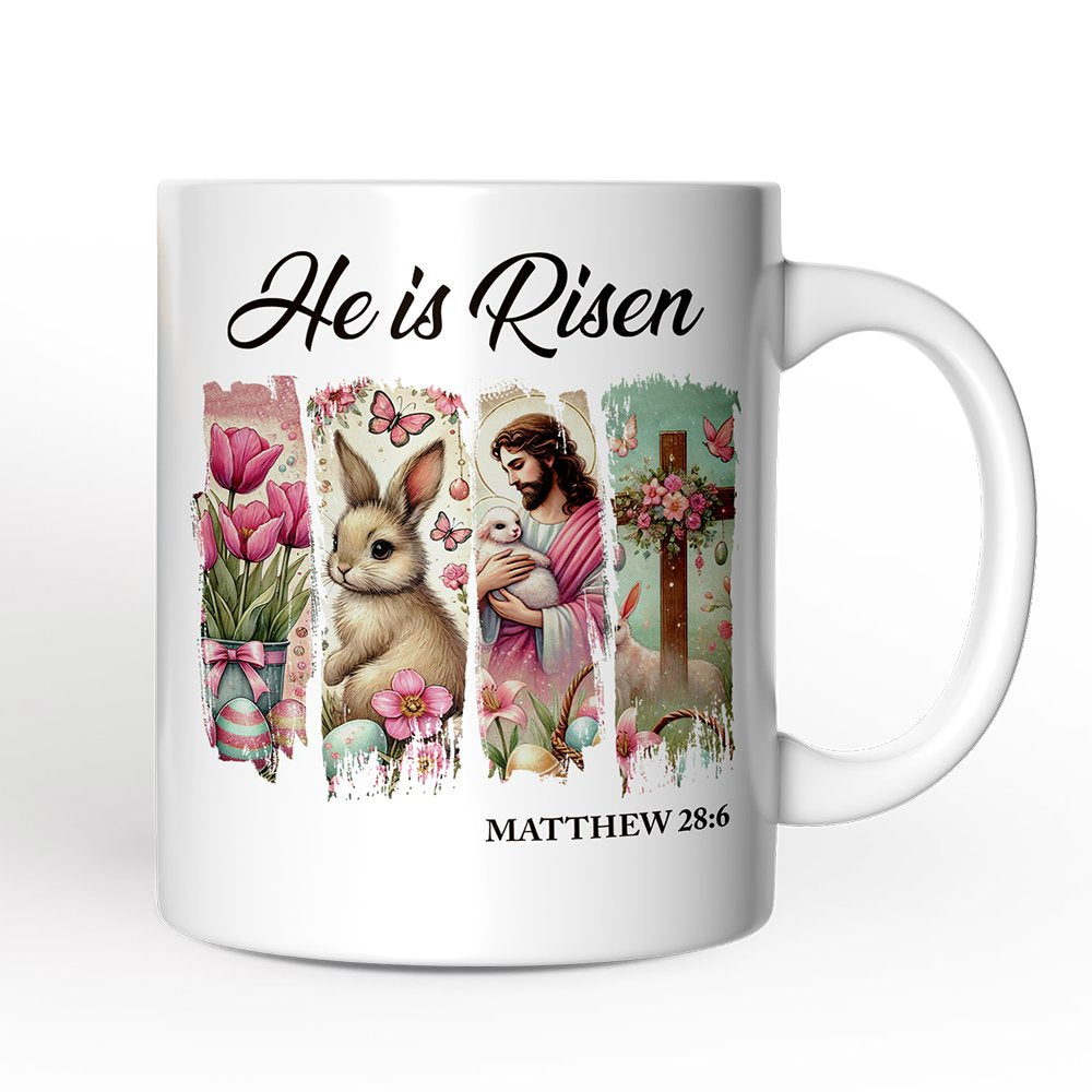 He Is Risen Easter Jesus Personalized Mug, Matthew 28:6 Christian Gift With Custom Name