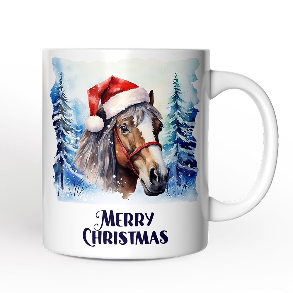 Horse with Santa Hat Personalized Mug, Winter Forest Christmas Gift With Custom Name and Date