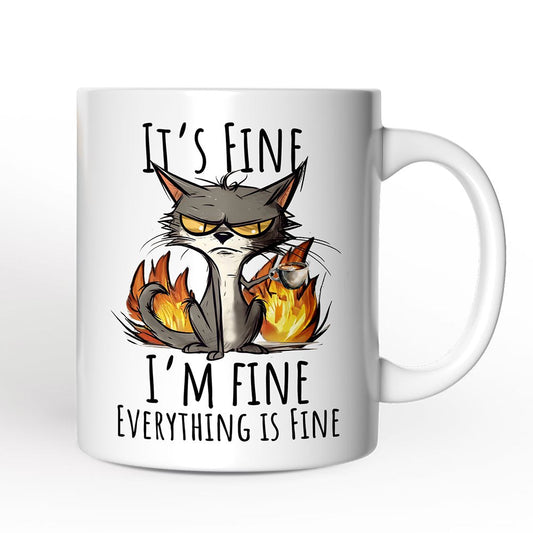 It's Fine I'm Fine Fire Cat Personalized Mug, Sarcastic Gift With Custom Name