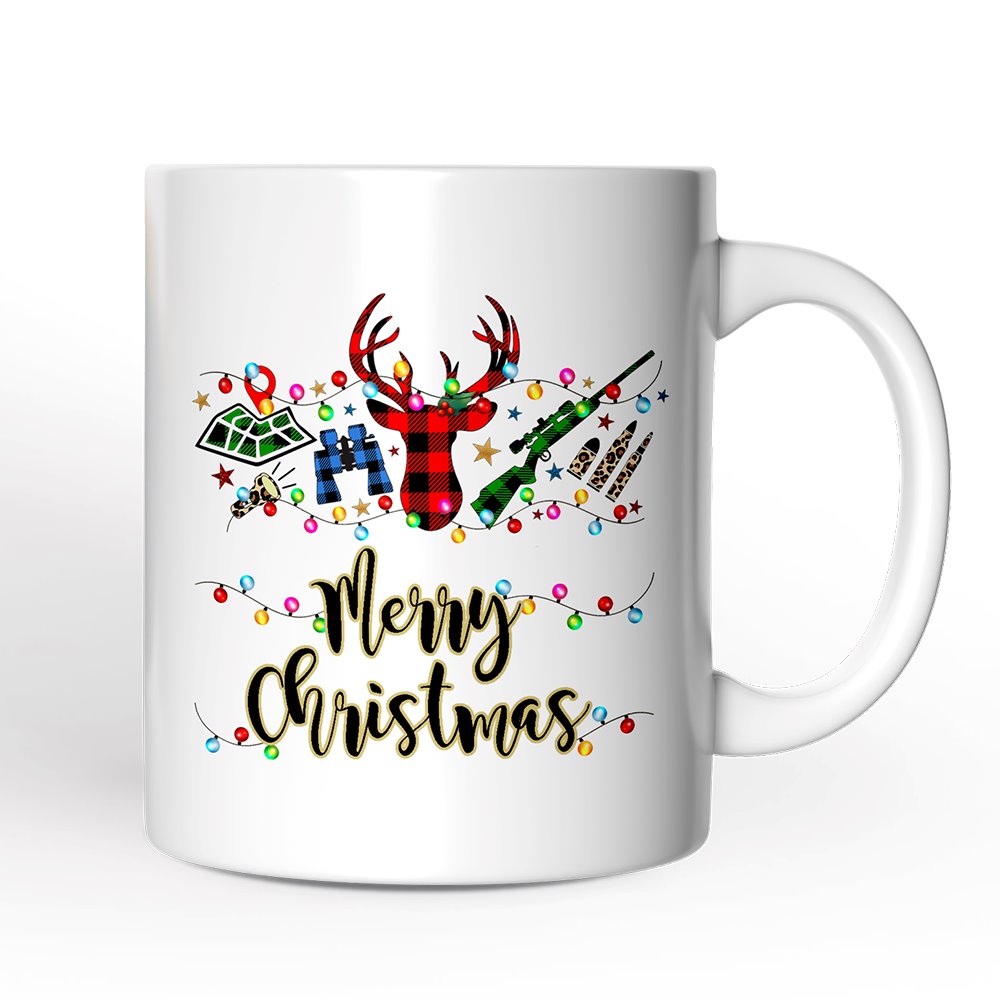 Personalized Mug Buffalo Plaid Hunting Theme Christmas, Hunter Gift, Red and Green Deer and Gun