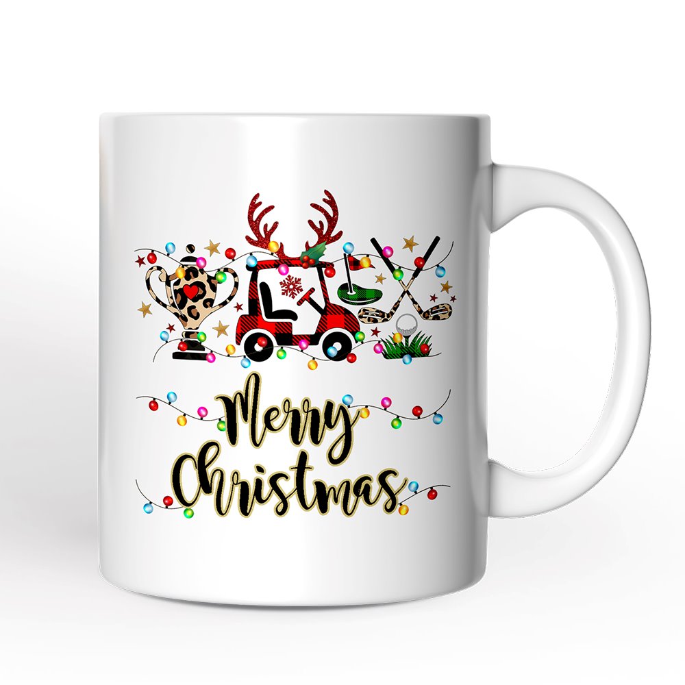 Personalized Mug Golf Buffalo Plaid Christmas, Golf Cart, Putter and Trophy Golfing Gift