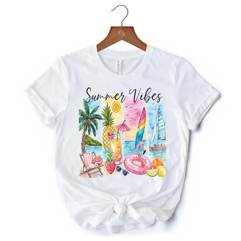 Summer Vibes T-Shirt, White and Natural Vacation Beach Tee