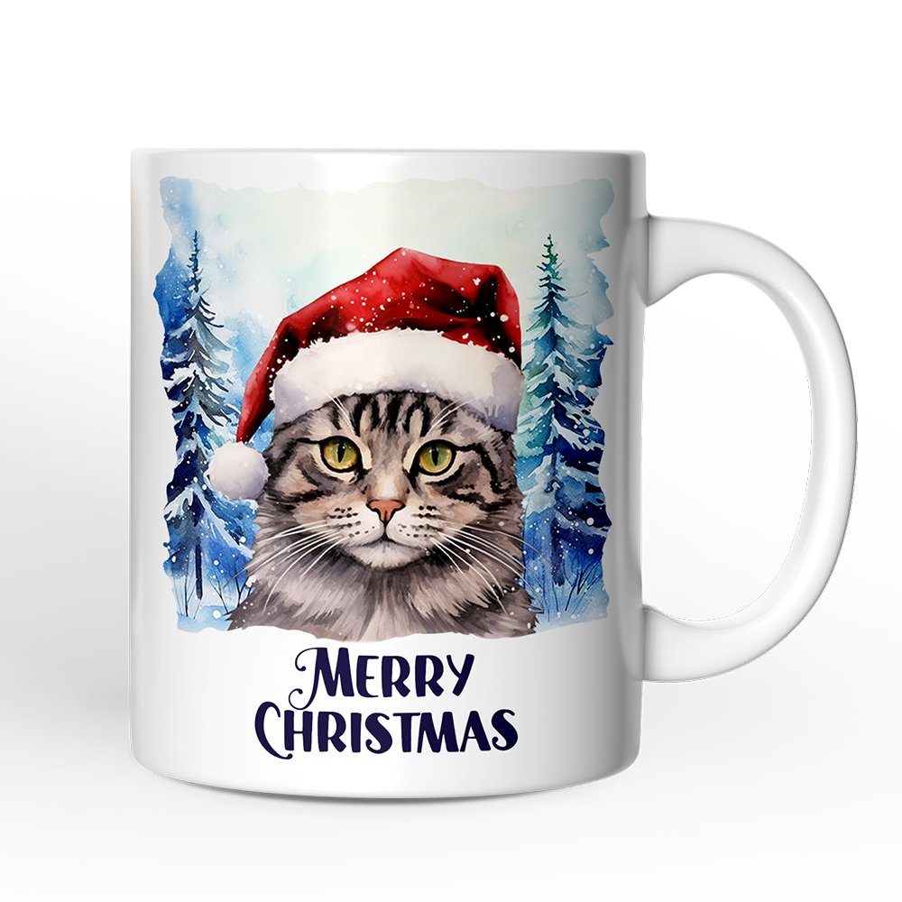Tabby Cat with Santa Hat Personalized Mug, Winter Forest Christmas Gift With Custom Name and Date