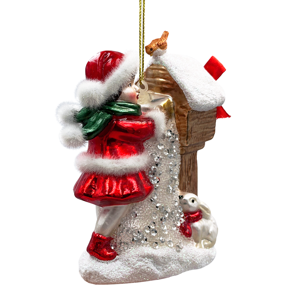 Quaint Little Winter Girl Feeding the Birds Glass Christmas Ornament, Cardinal Birdhouse Tree Decor