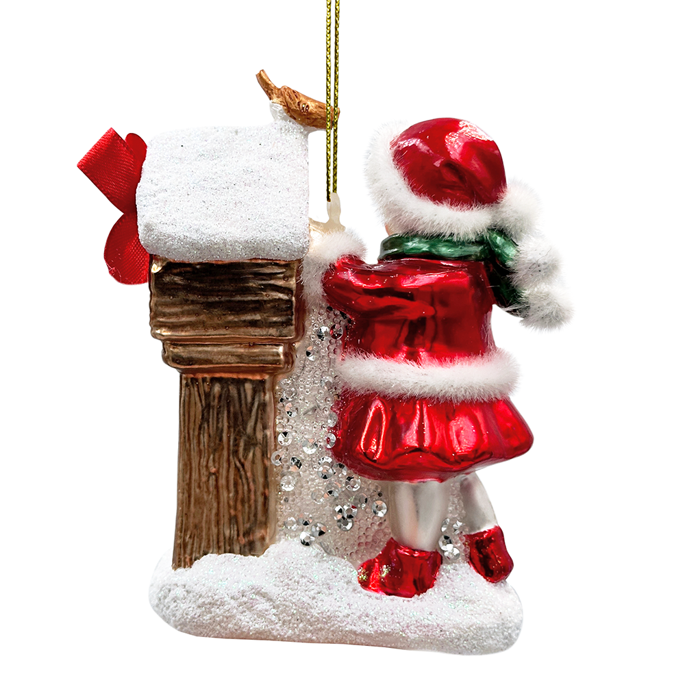 Quaint Little Winter Girl Feeding the Birds Glass Christmas Ornament, Cardinal Birdhouse Tree Decor