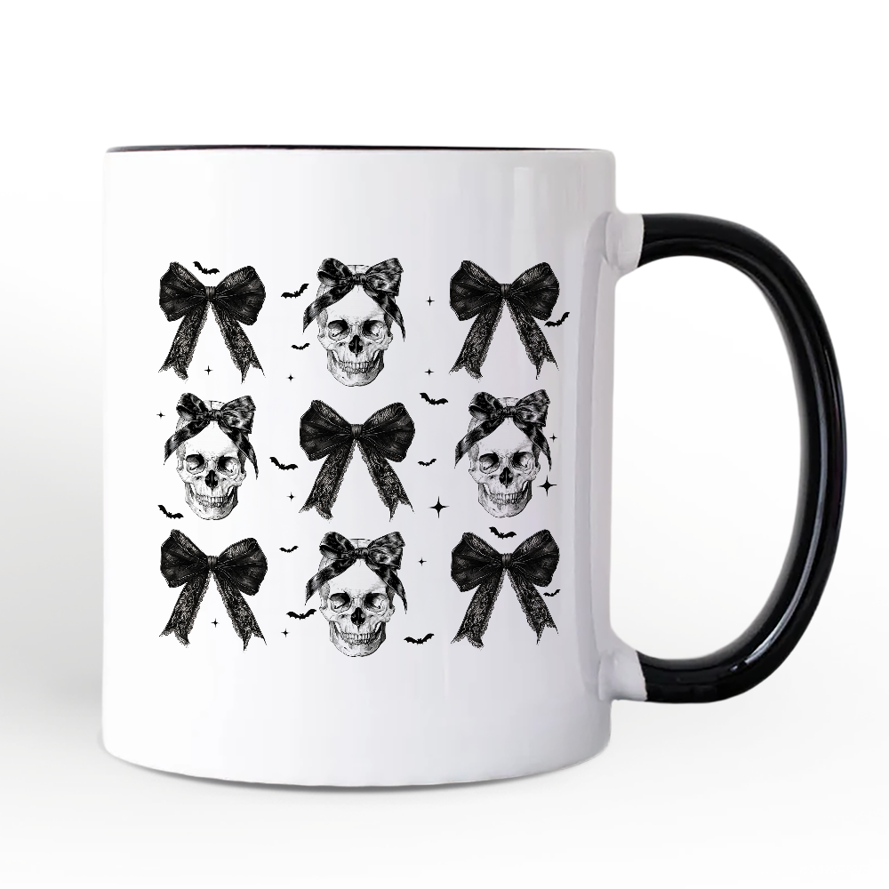 Coquette Skulls and Bows Personalized Mug, Gothic & Stylish Halloween Gift with Custom Name