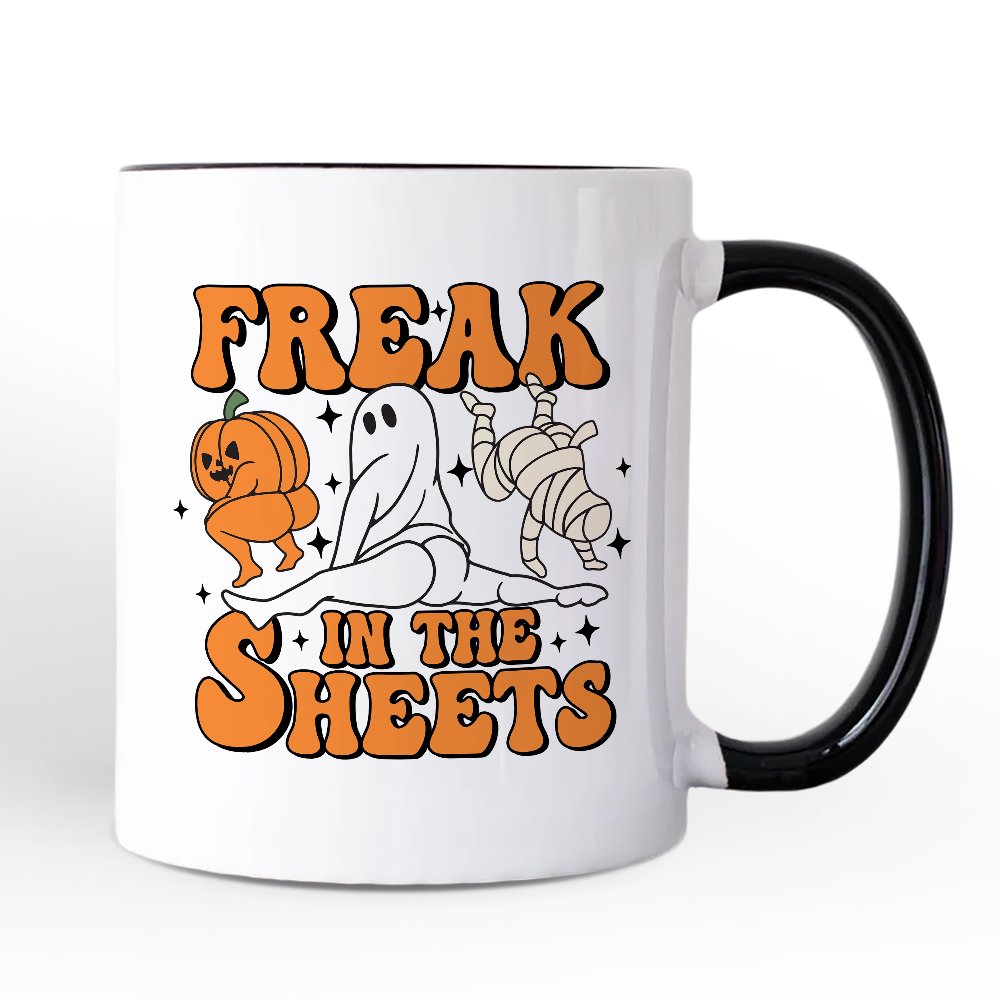 Freak in the Sheets Ghost Personalized Mug, Naughty Halloween Gift with Custom Name