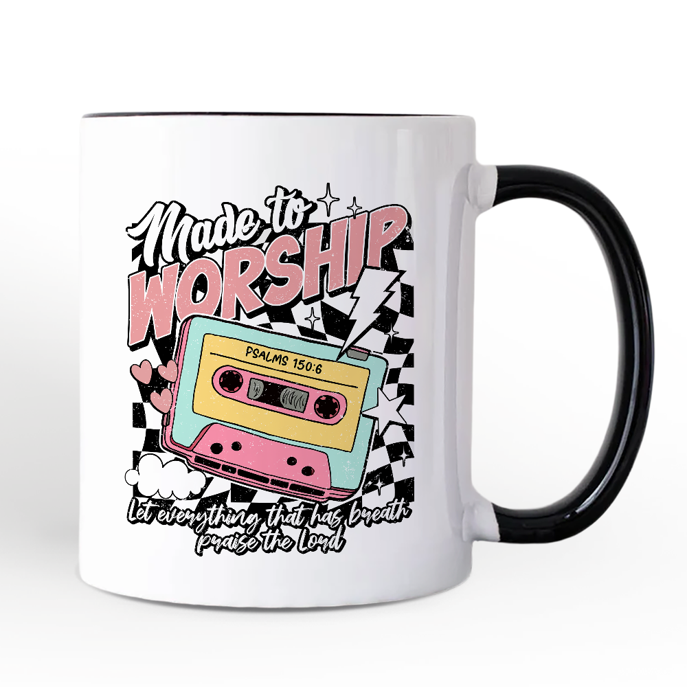Made to Worship Christian Retro Personalized Mug, Psalm 150:6 Bible Verse Gift with Custom Name