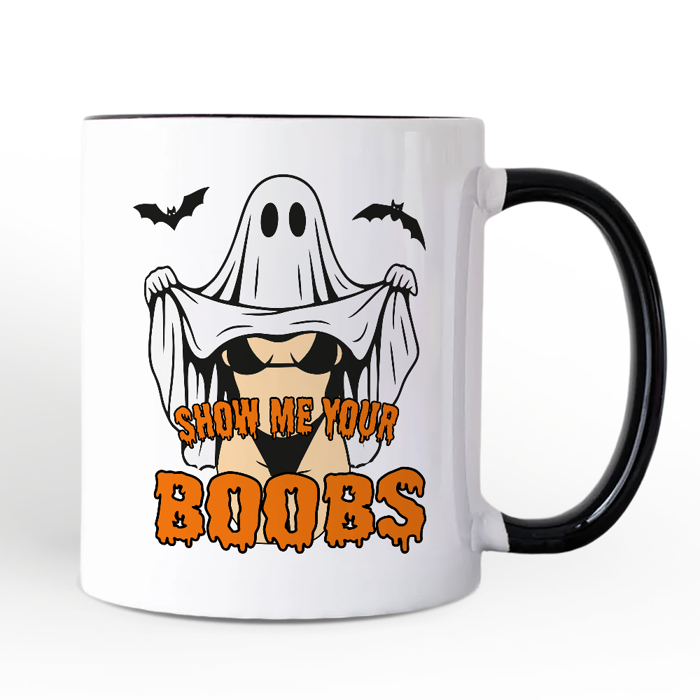 Show Me Your Boobs Halloween Personalized Mug, Funny Naughty Pun Ghost Gift with Custom Name