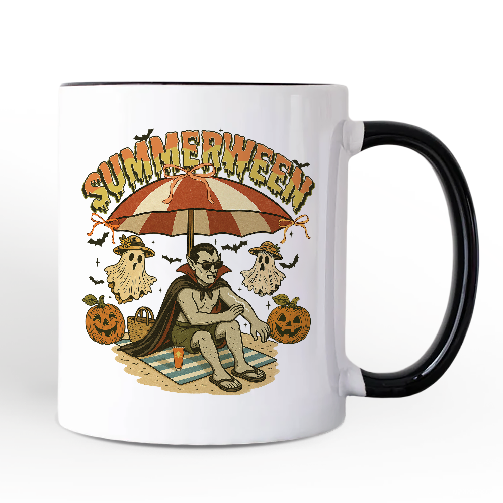 Summerween Vampire Dracula Personalized Mug, Retro Halloween Beach Gift with Custom Name for Horror Spooky Summer Season