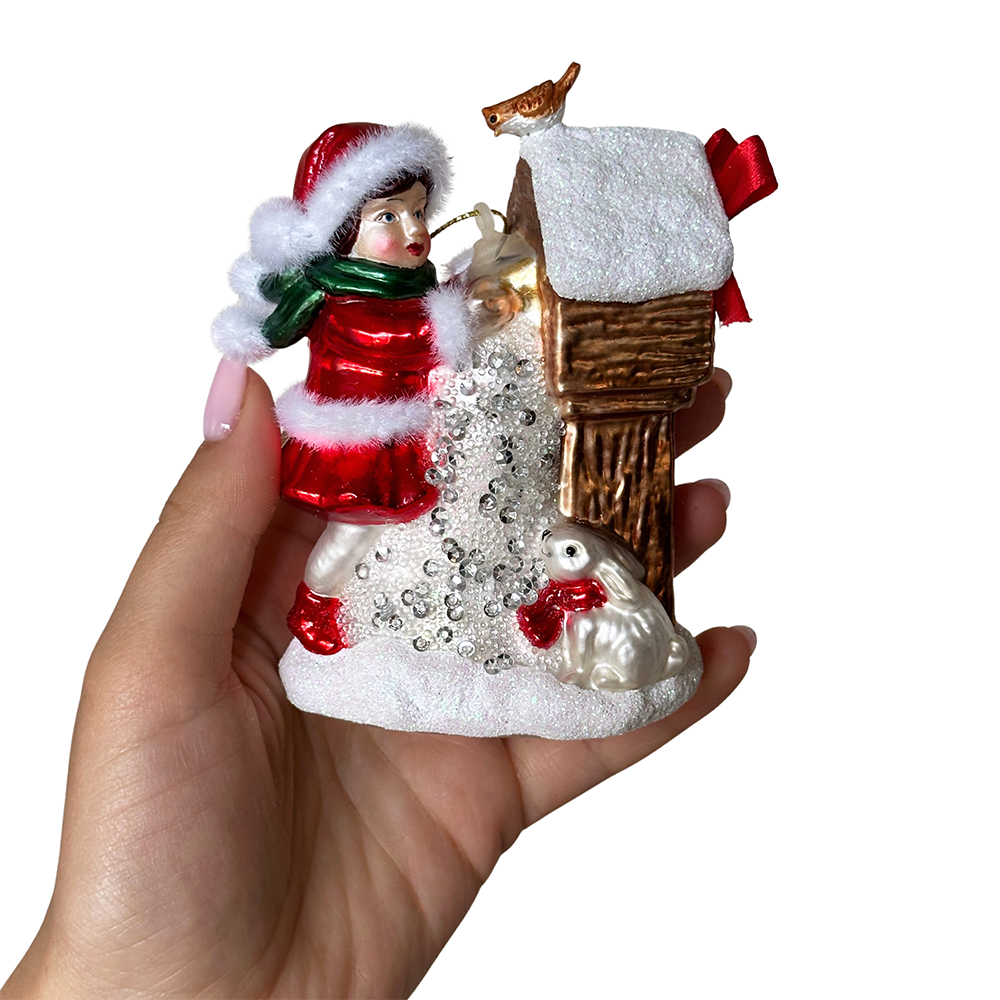 Quaint Little Winter Girl Feeding the Birds Glass Christmas Ornament, Cardinal Birdhouse Tree Decor