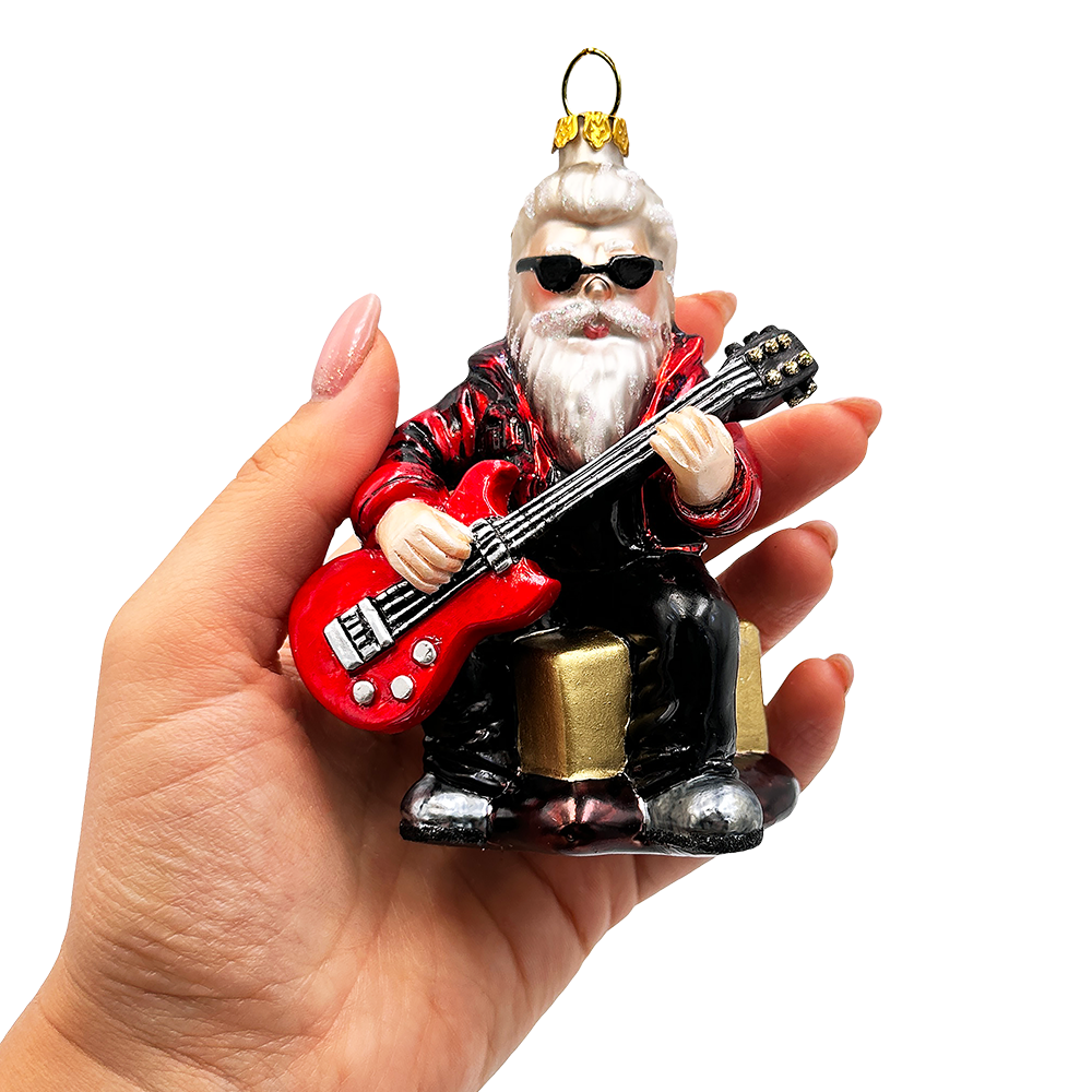 Rock Guitarist Santa Claus Glass Christmas Ornament, Rocker Musician Gift