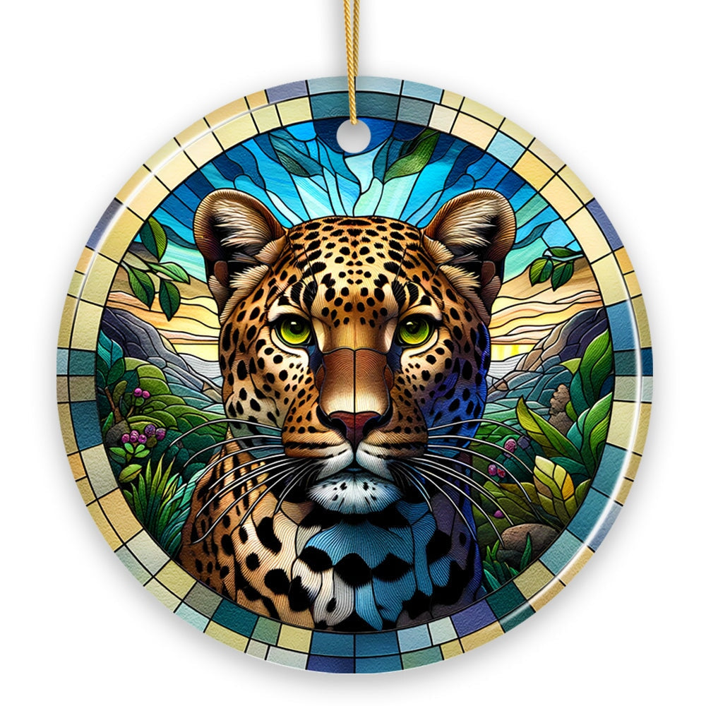 African Leopard Expedition Stained Glass Style Ceramic Ornament, Safari Animals Christmas Gift and Decor