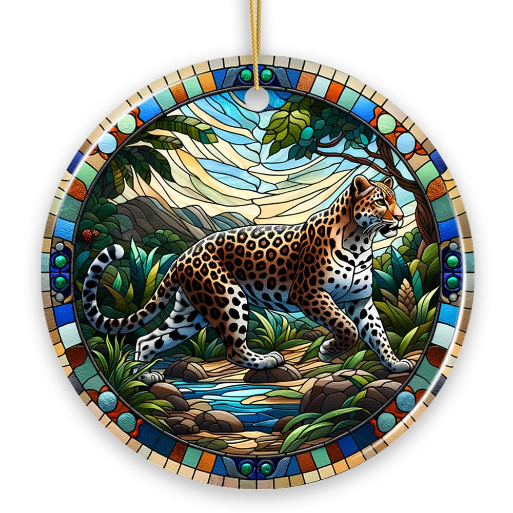 African Leopard Expedition Stained Glass Style Ceramic Ornament, Safari Animals Christmas Gift and Decor