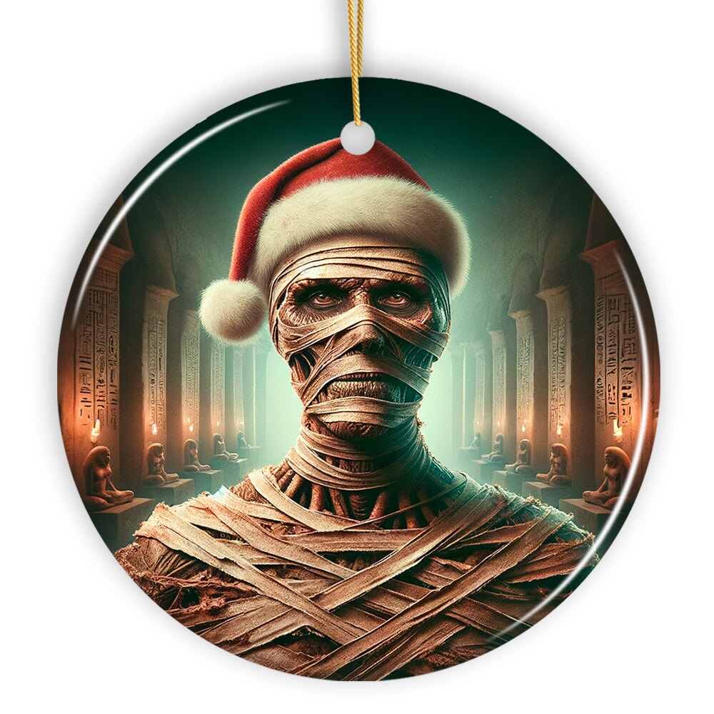 Ancient Mummy with Santa Hat Ornament, Enigmatic Holiday Gift for Horror Enthusiasts