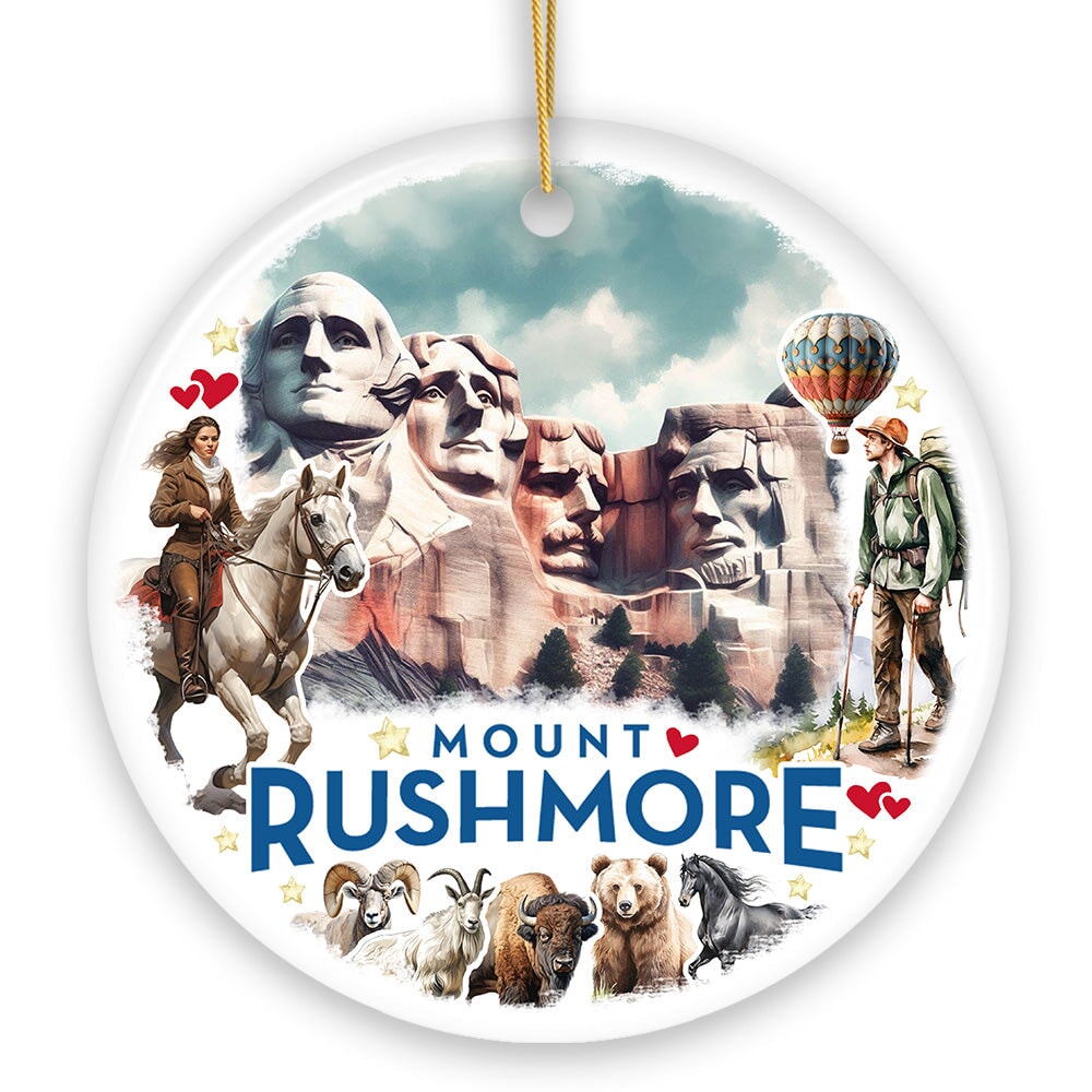 Artistic Watercolor Mount Rushmore Historical Ceramic Ornament, South Dakota Christmas Gift