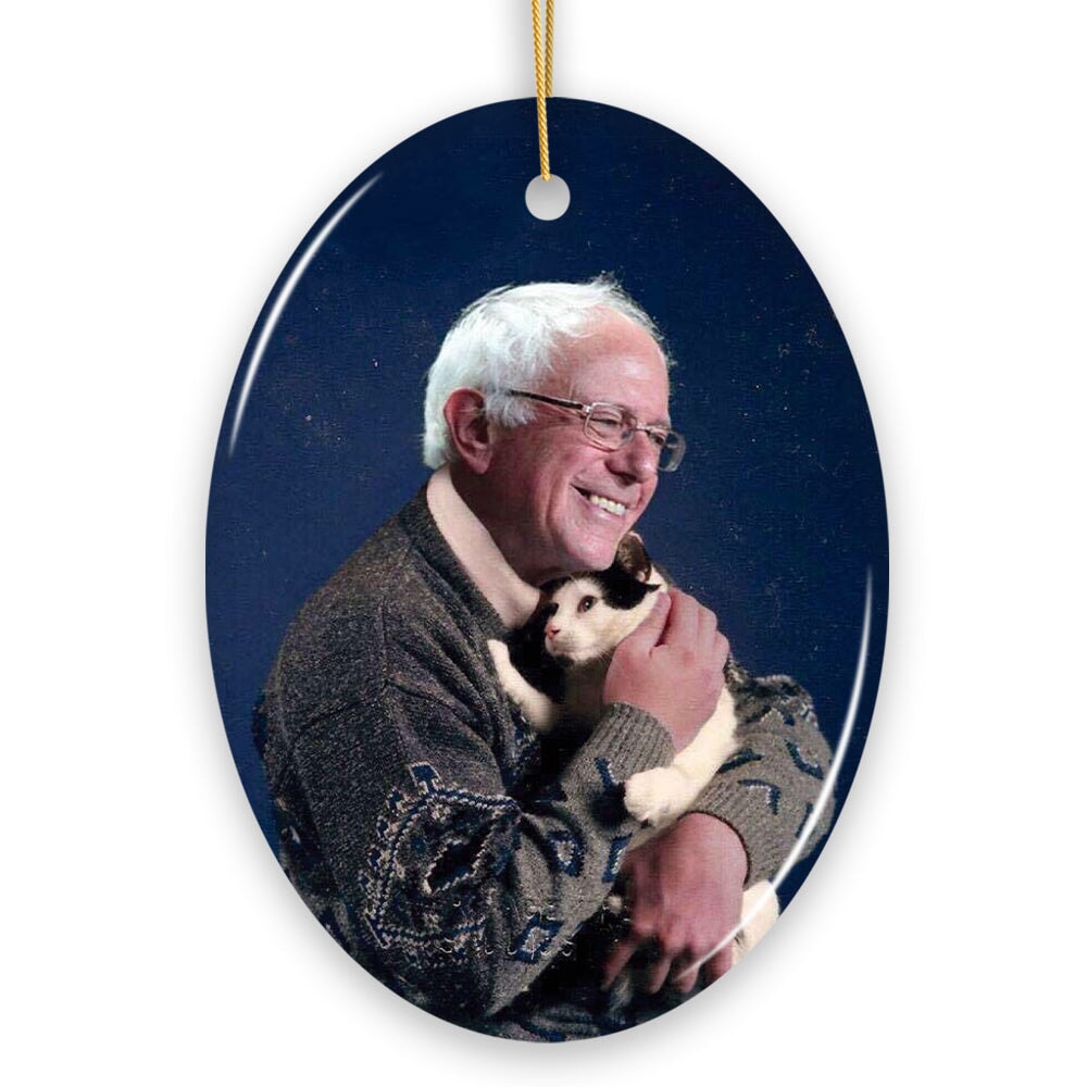 Bernie Sanders Ornament, Christmas Decoration Bernie Holding Cat