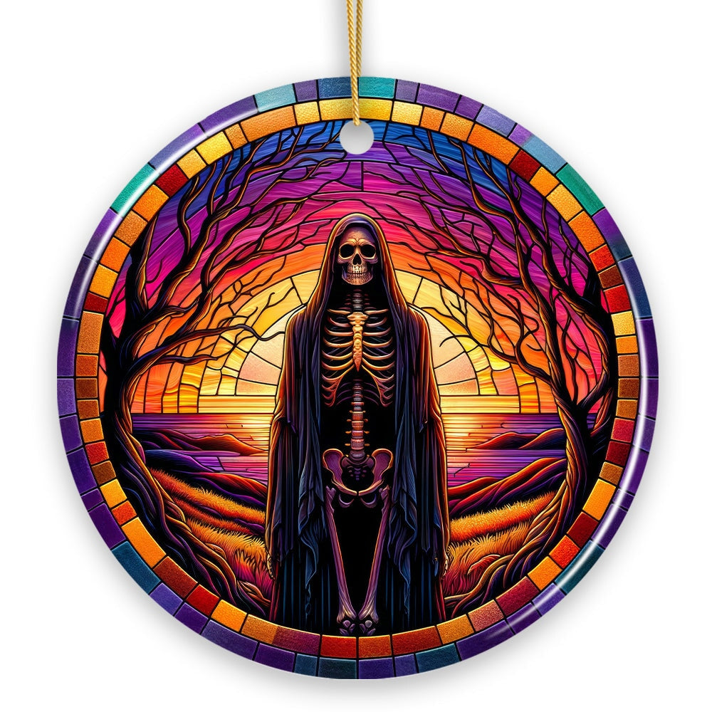 Bony Fright Halloween Skeleton Decor Stained Glass Style Ceramic Ornament, Halloween Themed Christmas Gift and Decor