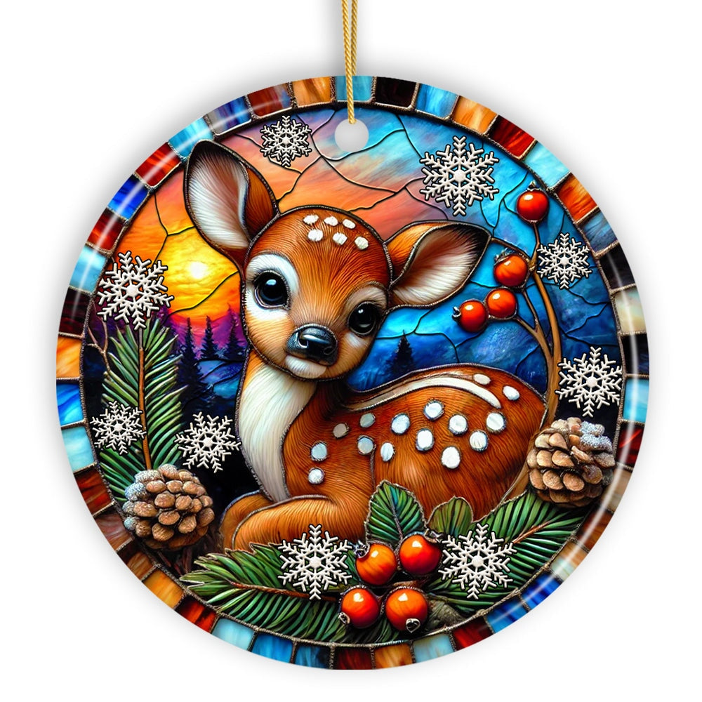 Charming Fawn in Snowy Sunset Ornament, Delightful Woodland Scene for Christmas Decor