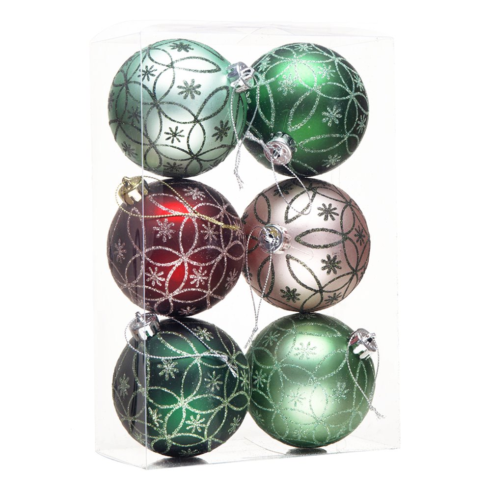 Enchanting Subtle Nature Ornament Bundle, Set of 6 Pine Green, Light Green, Mint Green, Pink and Matte Red Baubles