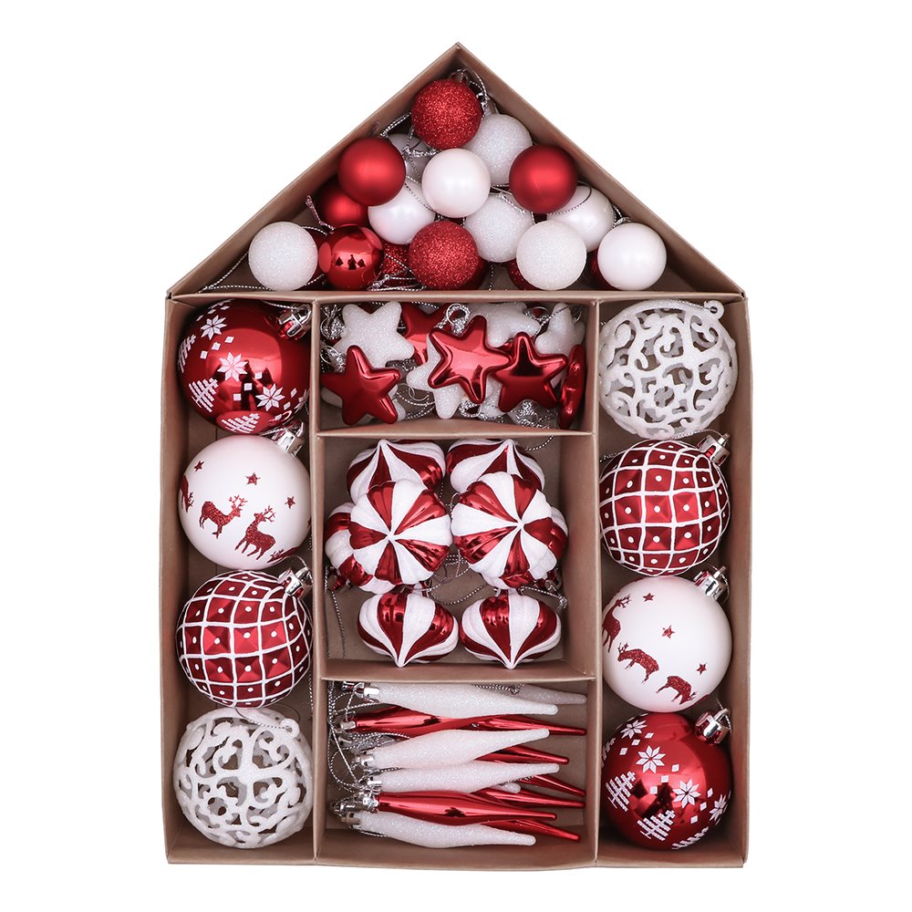 Endearing Prominent Red and White Christmas Ornament Set, Bauble Bundle with Candycane Colors and Patterns 70 Pieces