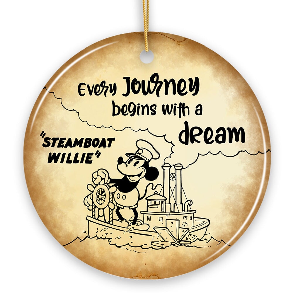 Every Journey Begins With a Dream Quote Ornament, Vintage Steamboat Willie Christmas Keepsake