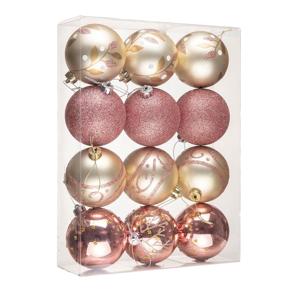 Glamorous and Cute Shiny Pink and Rose Gold Christmas Ornament Set, Glittered and Girly Feminine Holiday Baubles